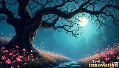 Stretching over pink flowers, a gnarled tree frames a shining full moon in teal mist