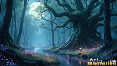 An ancient twisted tree by a river under a full moon in teal mist