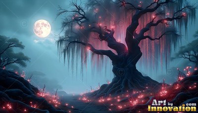 Hanging moss drapes from an ancient tree under a full moon in blue mist
