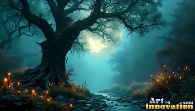 A gnarled tree spreads wide over lit candles by a rocky stream in pale teal fog