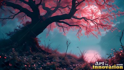 Leaning over misty teal water, a pink blossom tree shades a red shining full moon