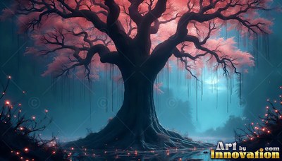 A large pink blossom tree stands in blue mist under the bright moon