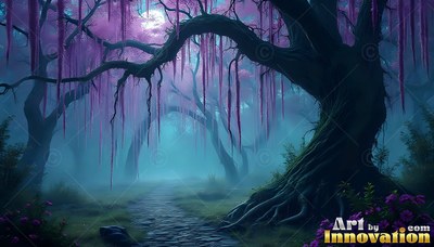 In a foggy teal forest, a stone path curves beneath dark trees with pink moss
