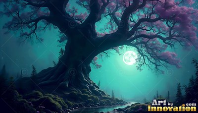 Spreading beside a stream, an old tree holds pink blossoms under a full moon