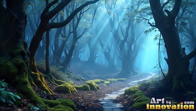 A stone path winds through dark trees under pale blue light