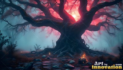 Twisted thick roots of an ancient tree spread across misty ground under red sky light