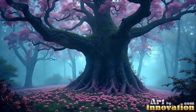 A wide tree spreads pink flowering branches across a teal foggy forest floor