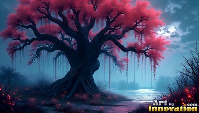 Spreading wide beside a calm river, an ancient tree holds pink blossoms
