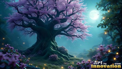 A large pink blossom tree stands in a blue forest under a bright full moon