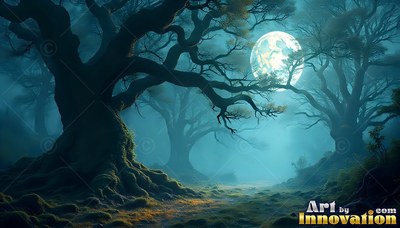 In a dark teal forest, twisted old trees stand under a bright moon