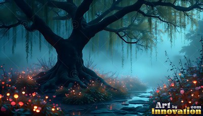 Spreading wide in teal fog, a dark willow tree shades tiny warm lights by a brook