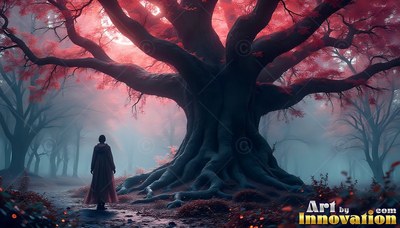 A person in a cloak stands by a tree with red leaves in mist
