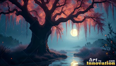 Pink leaves hang from an ancient tree beside a quiet river under a full moon