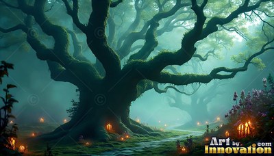 A wide mossy tree spreads its branches across a misty path lit by small orange lanterns