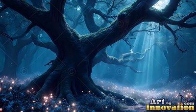 Spreading wide across a deep forest floor, an old mossy tree under blue moonlight