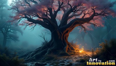 A large twisted tree with pink leaves stands beside a small fire in a foggy blue forest