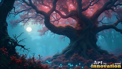 In a misty blue forest under a full moon, a twisted tree spreads red leaves
