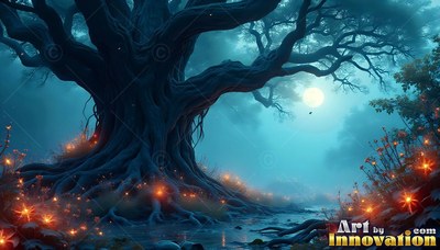 Spreading wide branches, a gnarled tree stands in teal mist beside a moonlit forest stream