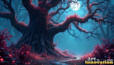 An old twisted tree with red leaves under a full moon in blue mist