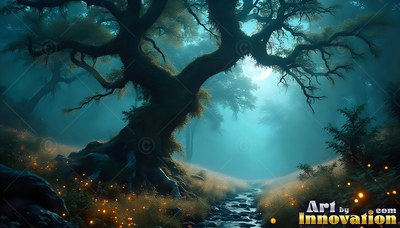 Twisted dark branches spread from an old tree beside a small brook in a foggy blue forest