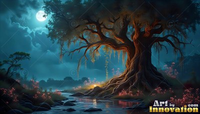 An old tree stands beside a dark river under soft blue moonlight