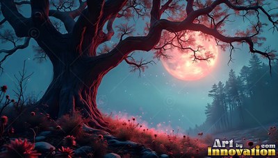 Bending low across a teal forest, a gnarled tree frames a pink moon