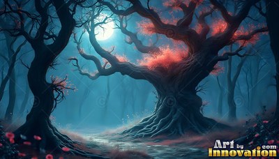 A twisted old tree with pink leaves stands in teal mist under a full moon