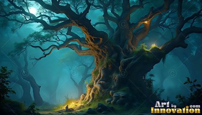 In a foggy teal forest, a gnarled old tree rises under the bright moon