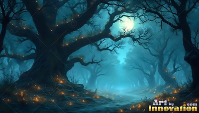 Twisting under a full moon, old oak trees fill a foggy teal woods with fireflies