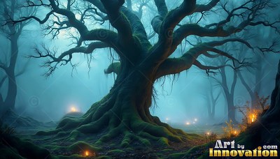 A mossy oak tree stands in blue fog with tiny yellow lights