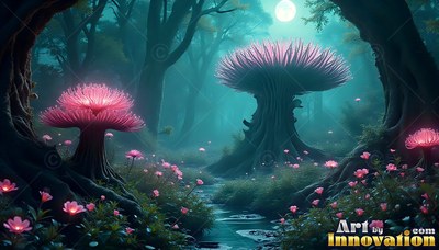 Spiky pink caps top giant tree mushrooms along a quiet creek in a teal forest under the moon