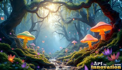 Bright mushrooms line a forest creek, shining under soft sunlight through mossy trees