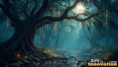 Branches reaching wide across a dim forest stream in teal moonlight