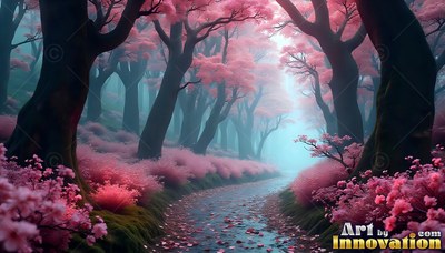 A quiet stream winds through dark trees with bright pink leaves in pale mist
