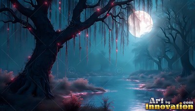 In a blue foggy swamp, a weeping willow stands beside a river under the bright moon