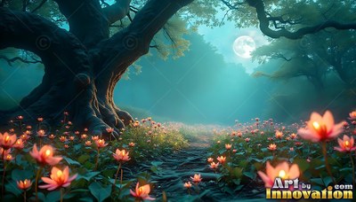Sp reading wide roots by a path, an ancient tree stands over pink flowers under a full moon