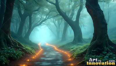 A dirt path lined with small lights through a foggy teal forest