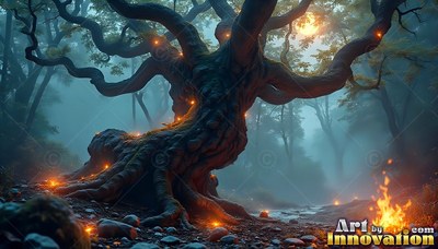 Twisted roots on an old oak shine with orange sparks in a foggy blue forest