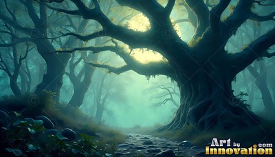 An old gnarled tree spreads wide branches over a path in pale yellow moonlight