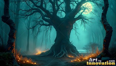 Spreading its roots in a teal forest, a gnarled tree stands under a moon