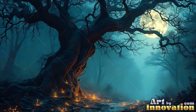 A twisted old tree stands in blue mist beside a moon with little orange lights