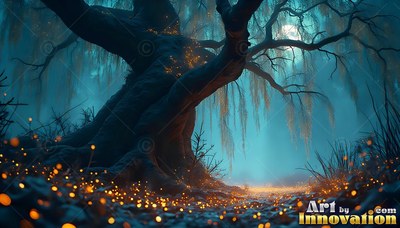In a dark forest, an old twisted tree stands beside bright yellow fireflies