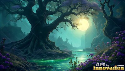 Spreading its thick branches beside a teal stream, an ancient tree sits under a round moon