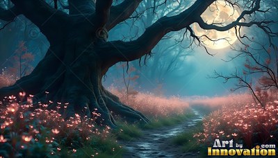 An old oak beside a dirt path under a bright moon in teal fog