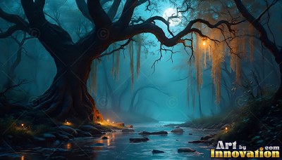 Gnarled roots of an ancient tree spread beside a stream under blue moonlight