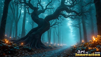 A twisted tree leans over a forest path lit by small fires in cool teal mist