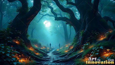 Standing along a dirt path, figures walk through a teal moonlit forest