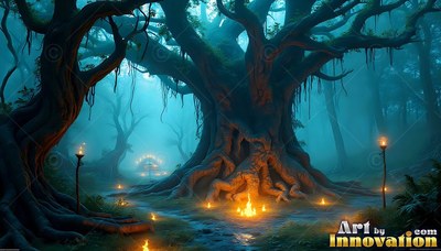 A huge old tree stands in blue fog with small campfires burning at its roots