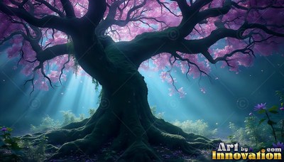 In a foggy teal wood, a mossy tree spreads wide branches of pink blossoms
