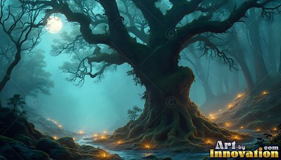Spreading over a teal forest, an old gnarled tree stands in bright moonlight